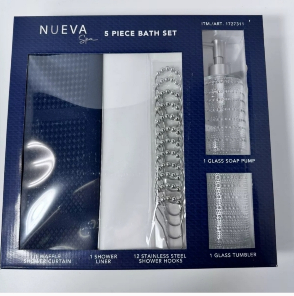 Nueva Spa 5 Piece Bath Set Meriden Navy. Hooks, Liner, Soap Pump, Tumble…